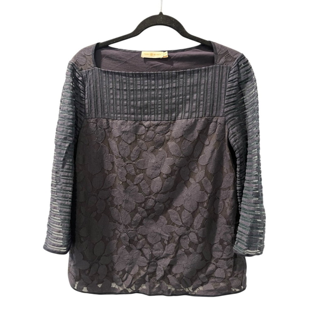 Tory Burch Lace Lined Size Medium Navy Blue Blouse Top Cotton Blend Work Floral
